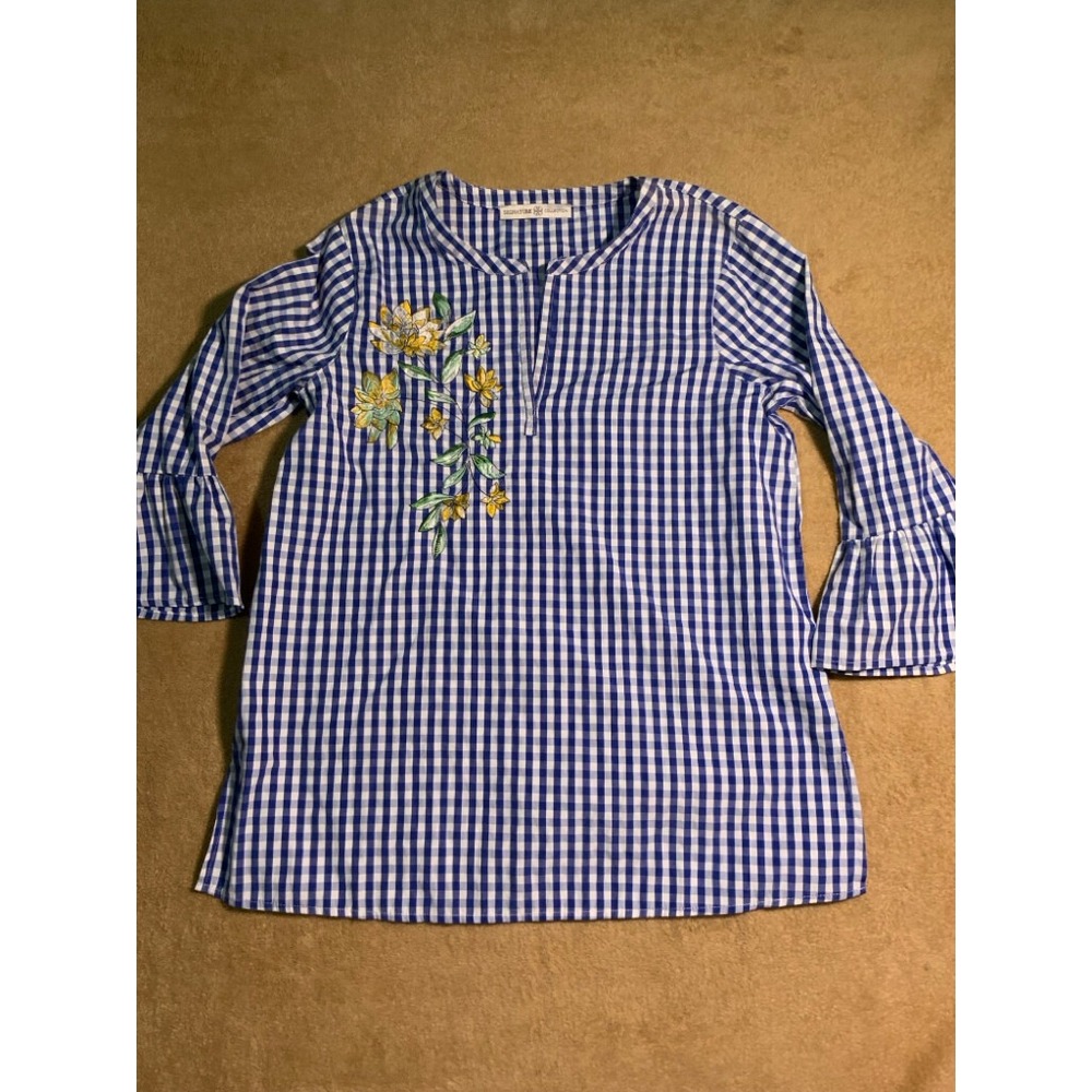 Signature Collection‎ Sz (4/6) Blue White Checkered Blouse Floral Embroidery (C)